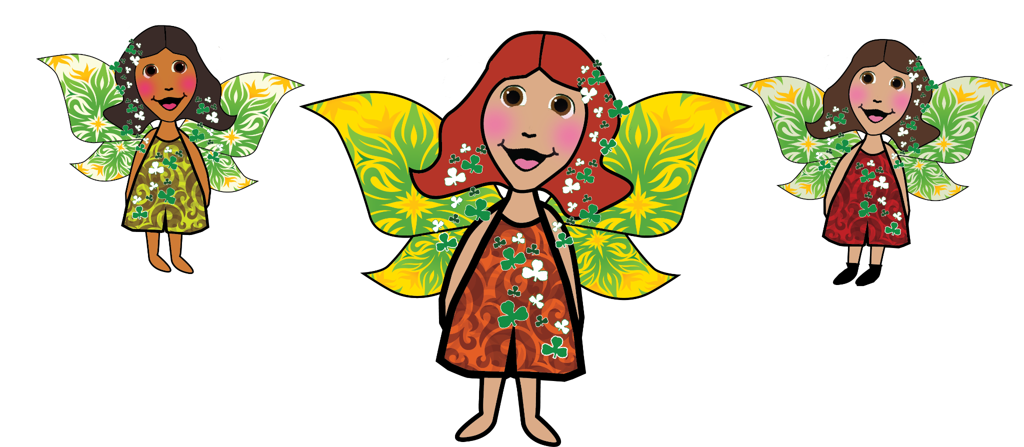 Three cartoon Irish fairies with colorful wings on a white background. From the Teddy Ireland collection