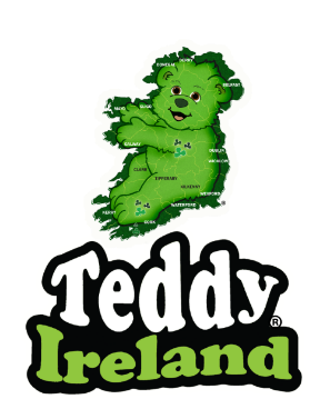 Logo of Teddy Ireland with a green teddy bear shaped like Ireland on a white background