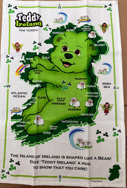 Tea towel with a map of Ireland shaped like a bear, featuring Teddy Ireland branding.