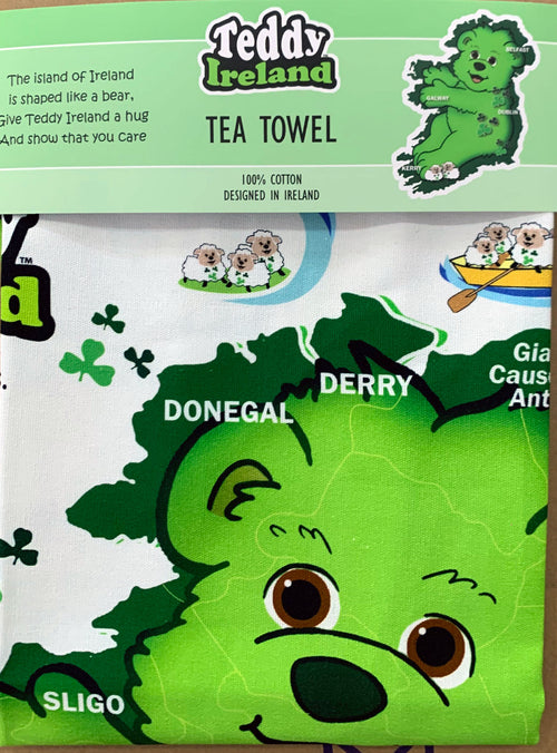 Tea towel with cartoon bear design and text about Ireland, featuring the brand 'Teddy Ireland'.