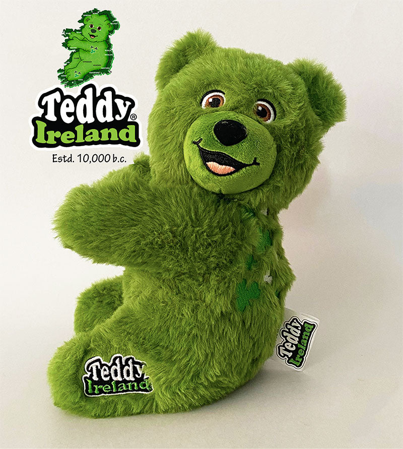 Green teddy bear with 'Teddy Ireland' branding on a white background