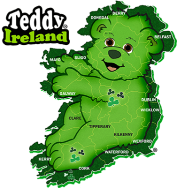 Map of Ireland with a bear-shaped outline and 'Teddy Ireland' branding.