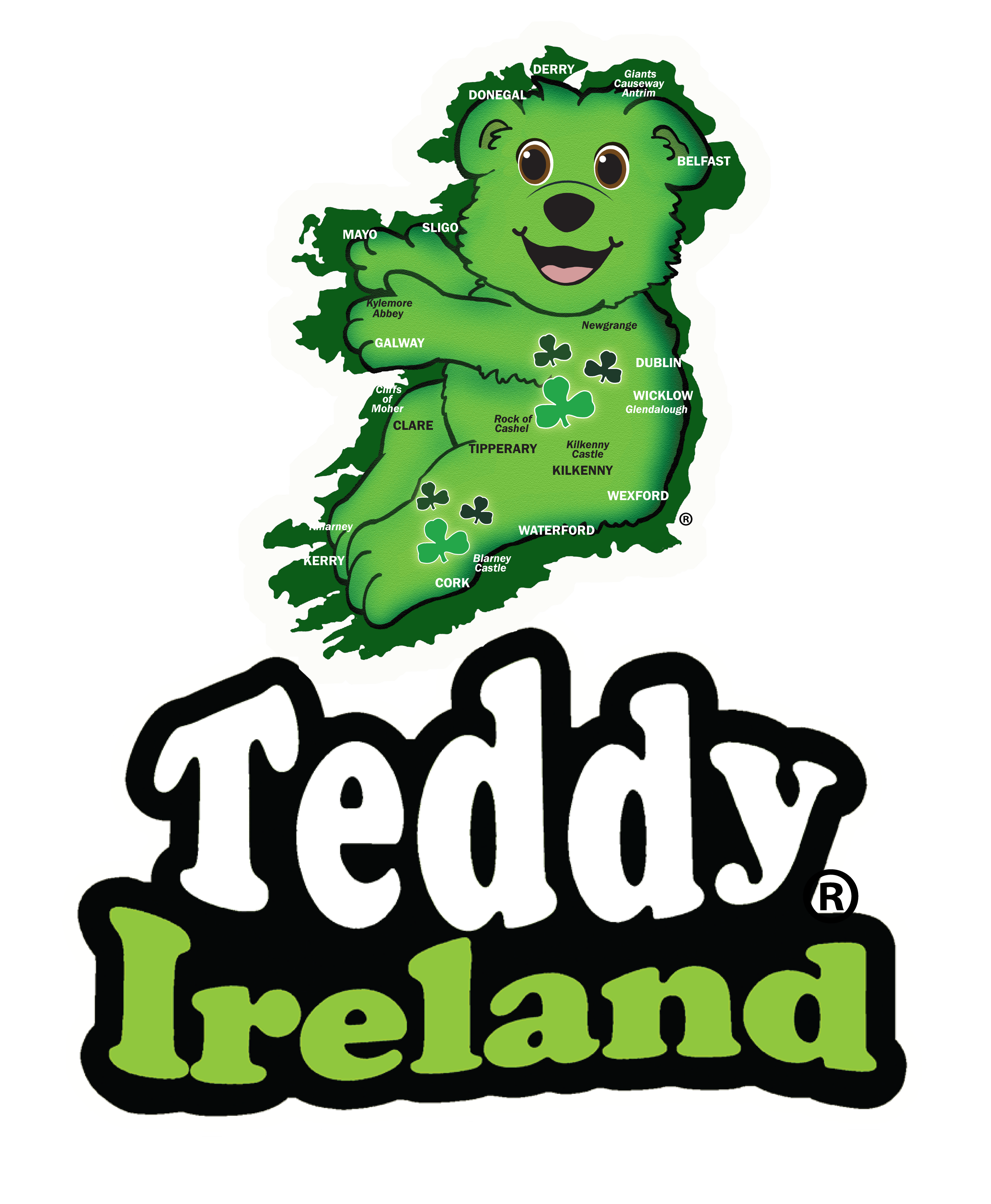Logo of Teddy Ireland with a green bear-shaped map of Ireland on a white background