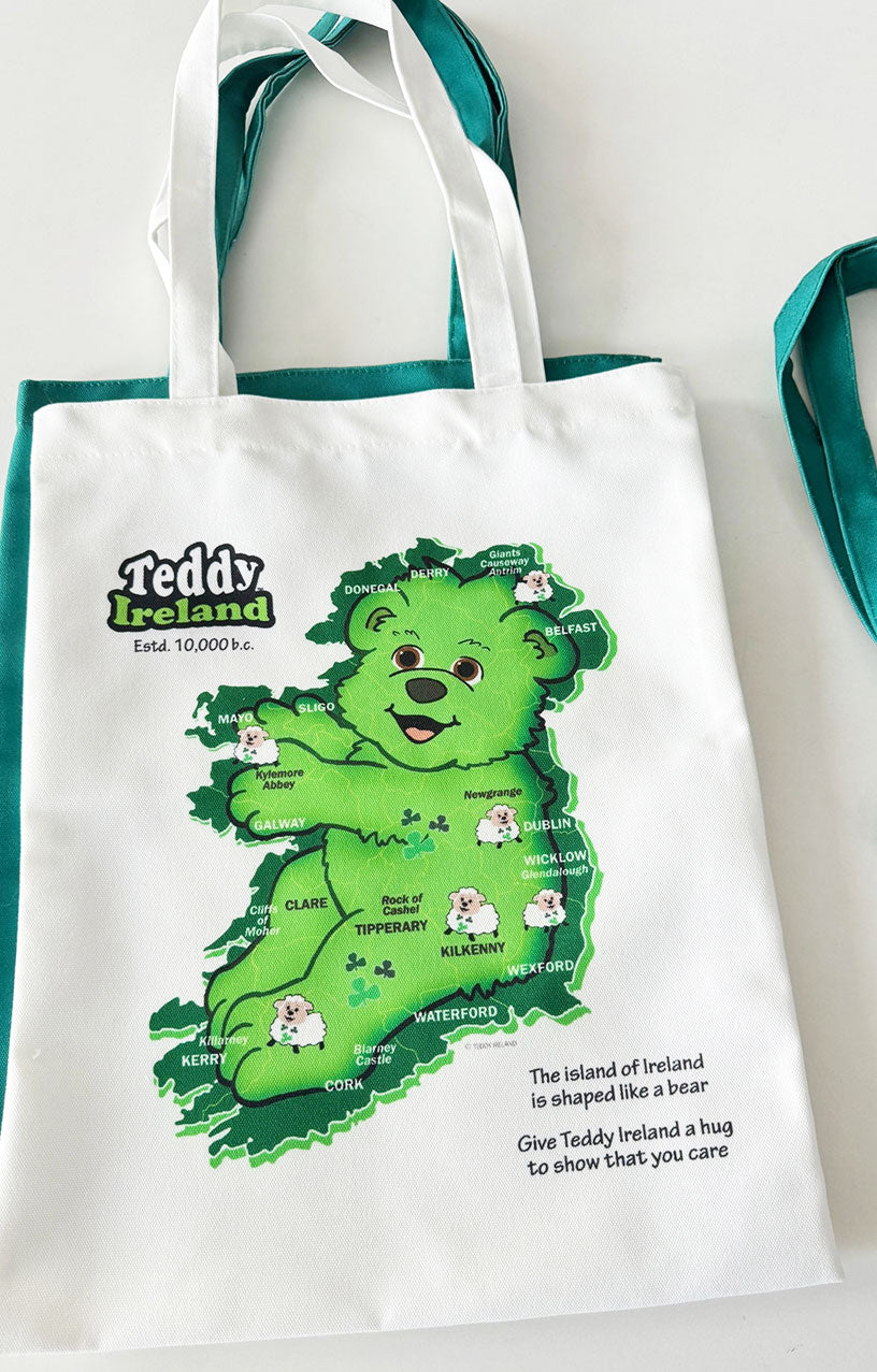 Tote bag with a map of Ireland featuring a bear design and 'Teddy Ireland' text.